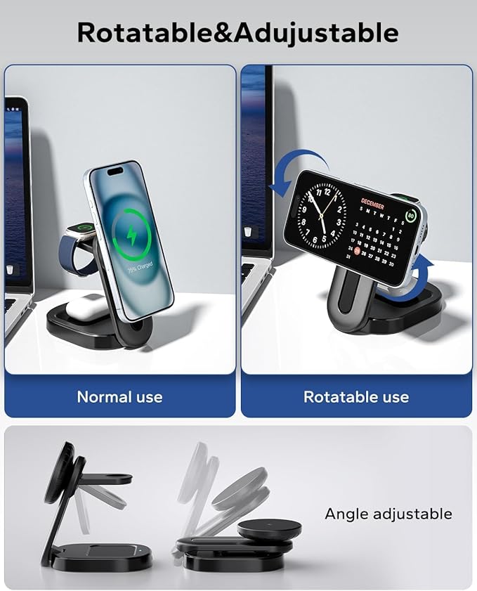 KPON 3 in 1 Magsafe Charging Station for Nightstand Wireless Fordable Charger Stand for iPhone 16 15 14 13 12 Pro Max Travel Magnetic Charging Stand for Apple Watch/Airpods
