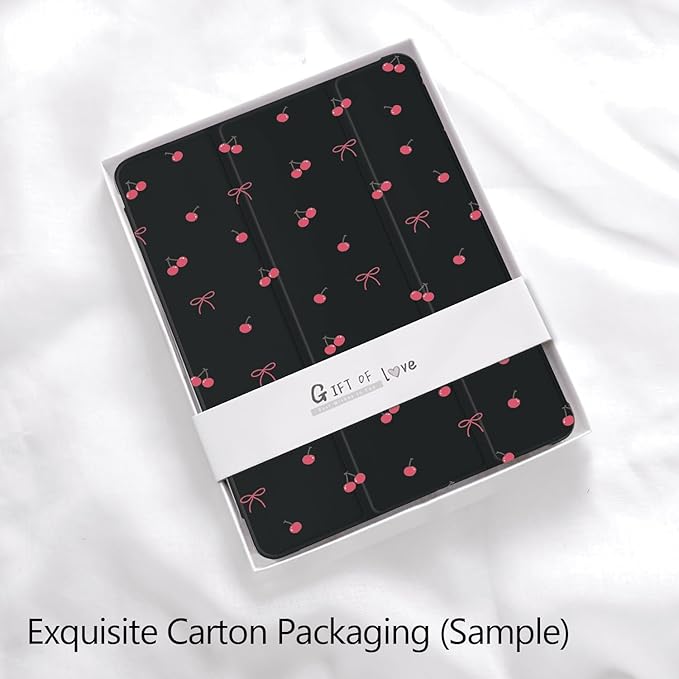Cute Kawaii Cherry Bow for iPad Air 11 Inch Case 7th/6th Generation (M3/M2) 2025/2024 with Pencil Holder Auto Sleep/Wake Black Leather Soft TPU Back Cover