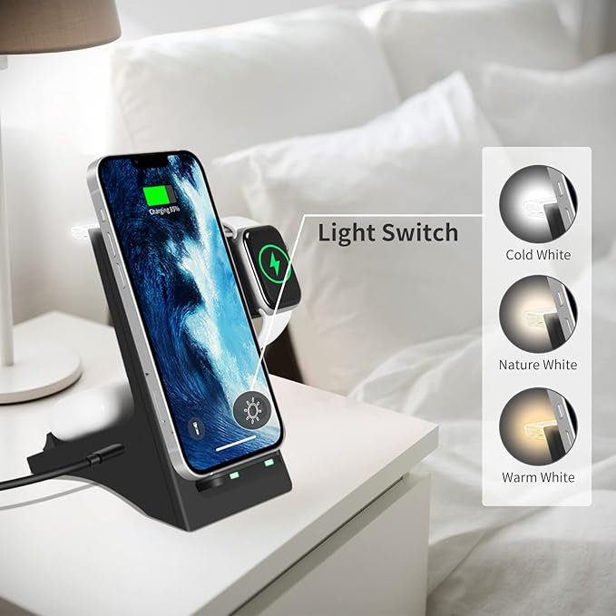 Wireless Charger 3 in 1 Wireless Fast Charging Stand Dock for Apple Watch 6/5/4/3/2 Airpods 2/Pro iPhone 13/13 Pro/13 Pro Max /12/11/Pro/Pro Max/X/Xr and Other Qi-Certified Phones-Black
