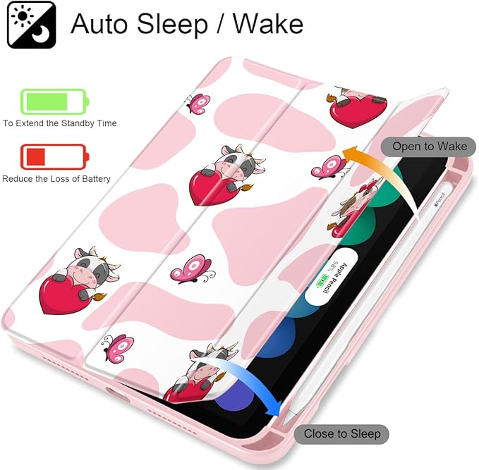 Mektron Printed Case for iPad mini 7 (A17 Pro) 2024/ Mini 6 2021 iPad mini 7th/6th Generation 8.3-inch Liquid Retina Display Cover Buit in Pencil Holder with Clear Back Shell Butterfly Cow