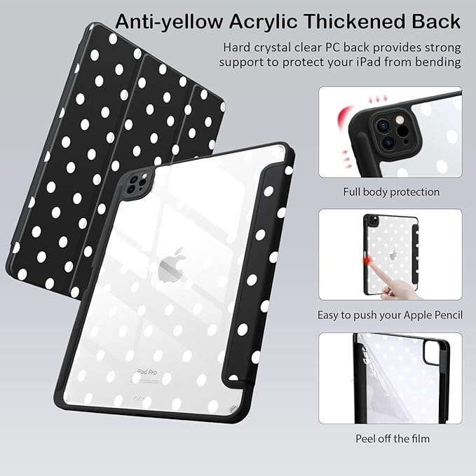 Cute Polka Dot for iPad Air 13 Inch Case M3 2025/M2 2024 with Pencil Holder Auto Sleep/Wake Black Leather Clear Acrylic Back Cover