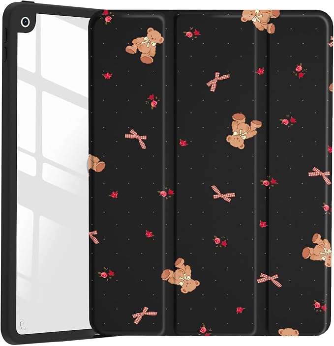 Bear Bow Printed for iPad Air 13 (M3) 2025/ (M2) 2024 Kawaii Animal Clear Hard Back Hybrid Casewith Pencil Holder Trifold Stand Tablet Cover for Women