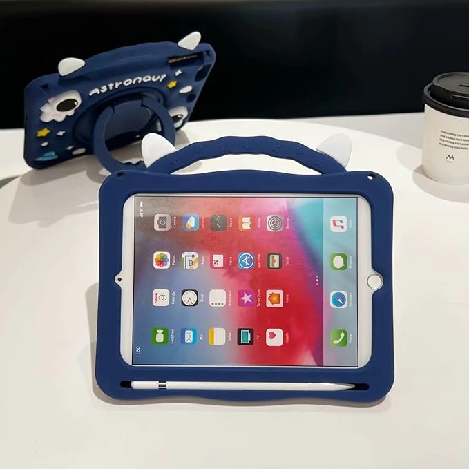 3D Cute Press Astronaut Case for iPad Pro 11 inch/Air 5th 2022/Air 4th 2020 10.9 inchKawaii Cartoon Character Space Soft Silicone Rotating Stand Case with Lanyard for Kids Teens Girls Women