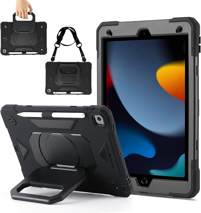 Case for iPad 9th Generation (2021) /iPad 8th Gen (2020)/iPad 7th Gen (2019) Military Grade Shockproof iPad Case Built-in 360°Rotating Stand/Pen Slot/Shoulder Strap for iPad 10.2 (Black)