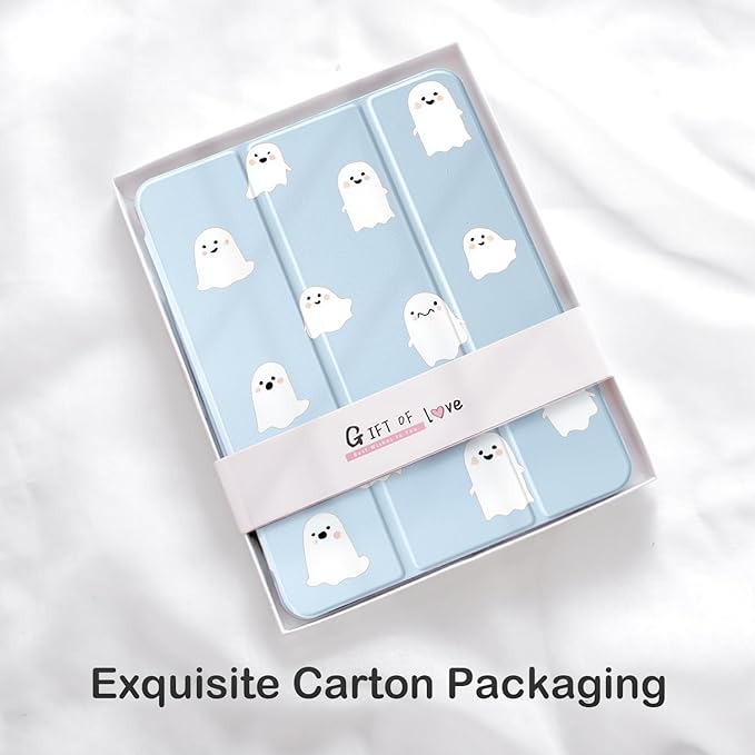 Cute Halloween Ghost Kawaii for iPad Pro 12.9 Inch Case 5th/6th Generation 2022/2021/2020 with Pencil Holder Auto Sleep/Wake Blue Leather Clear Acrylic Back Cover