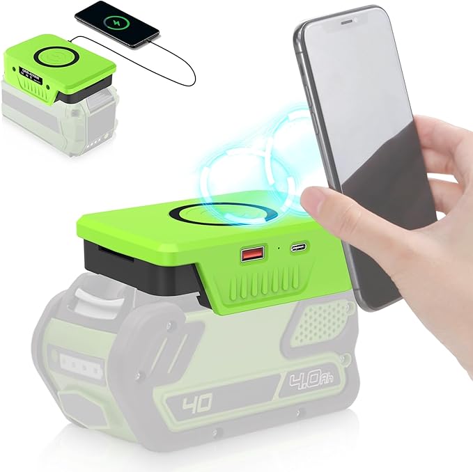 Wireless Charger for Greenworks 40V G-MAX Battery 29472 2946215W Max Wireless Charging Adapter with USB &amp Type C PortsTool Battery Phone Charger for Camping Workshop Outdoor