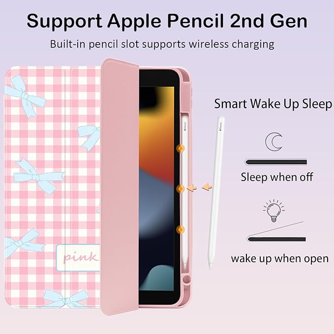 Cute Kawaii Bow Plaid for iPad Pro 11 Inch Case (M5/M4) 2025/2024 with Pencil Holder Auto Sleep/Wake Pink Leather Clear Acrylic Back Cover