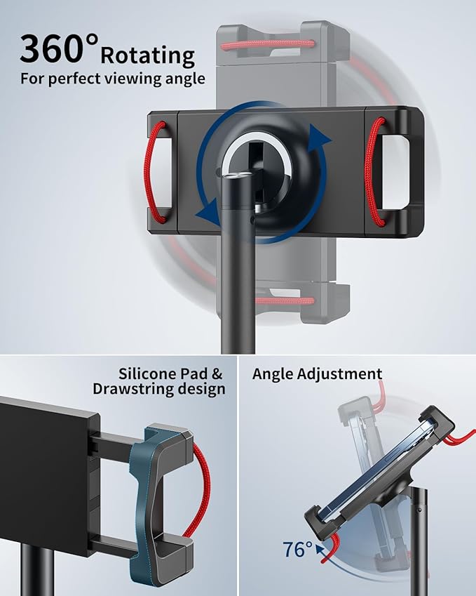 SAIJI Tablet Stand Holder Extra-Height Adjustable Kindle Stand 360 Degree Rotating iPad Holder Aluminum Alloy Cradle Mount Dock for 4.7-15.6 iPhone Samsung Tablets Portable Monitor (Black)