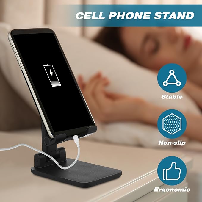 12 Pcs Cell Phone Stand Desk Table Adjustable Angle Height Phone Stand Foldable Portable Mobile Holder Silicone Pad Smartphone Tablet Holder Bulk for Office Travel Filming (WhiteBlack)