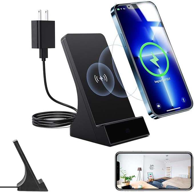 LIZVIE Phone Charger Hidden Camera 120° Wide-Angle View App Control/Motion Detection/Night Vision/Loop SD Storage Wireless Charging 2.4G WiFi for Office Indoor Security.