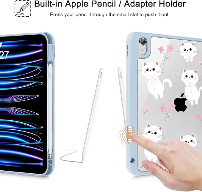 Tuiklol Case for iPad Air 11 Inch M4 2026 / Air 11 Inch M3 2025 / Air 11 Inch M2 2024 / iPad Air 10.9 Inch 2022 2020 Buit in Pencil Holder with Shockproof Cover Clear Transparent Back Cat-Blue