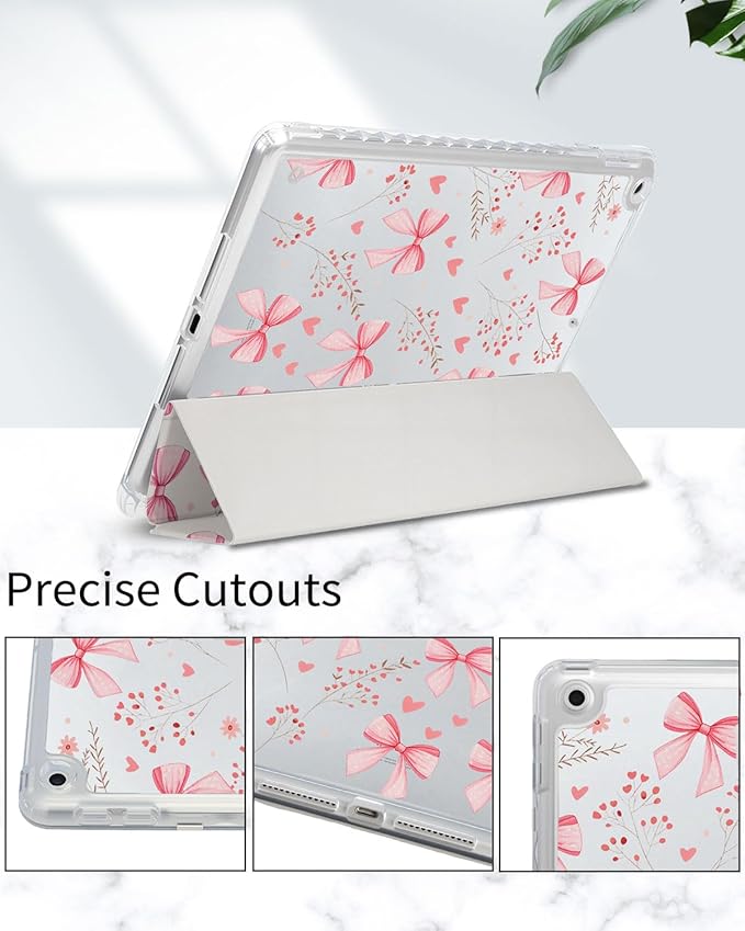 Fycyko Trifold Stand Case for iPad 10.2 InchiPad 9th/8th/7th Generation 2021/2020/2019 Aesthetic Pink Bowknot Flower Pattern with Pencil Holder Shockproof Protective CoverBlossom