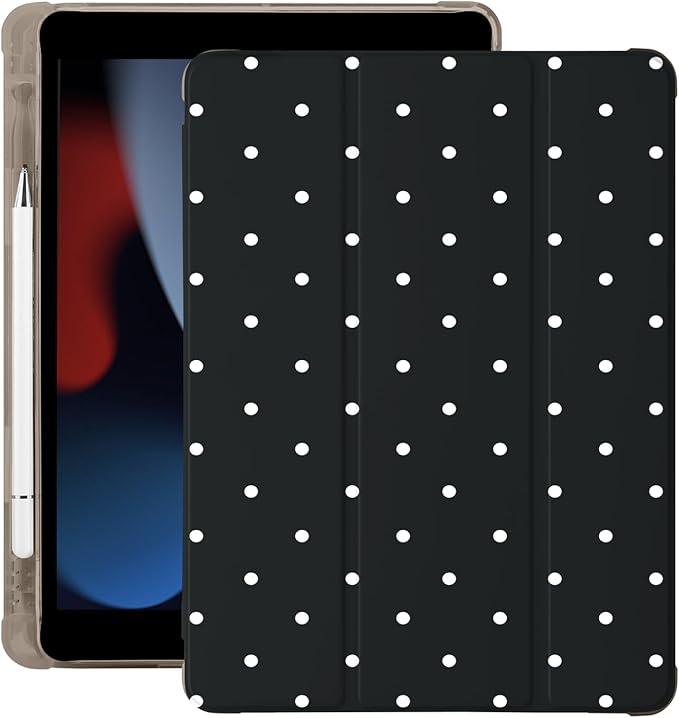 Cute White Polka Dot for iPad 5th/6th Generation Case with Pencil Holder Auto Sleep/Wake Black Leather Soft TPU Back Cover for iPad 9.7 Inch