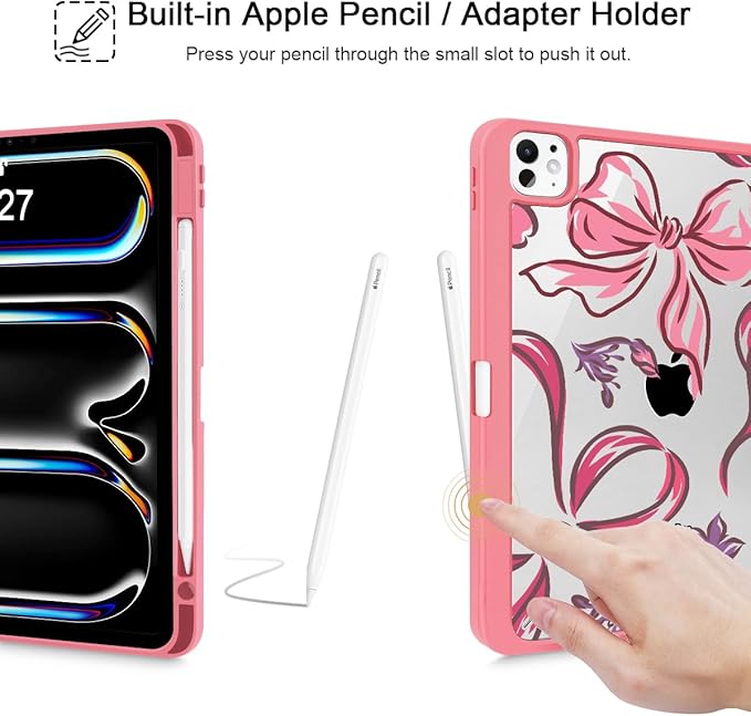 Mektron Case for M5/ M4 iPad Pro 11 inch 2025/2024 with Pencil Holder Compatible Models: A3357/A3358/A3359/A2836/A2837/A3006 Shockproof Cover Clear Shell Flowers-Bows-Red