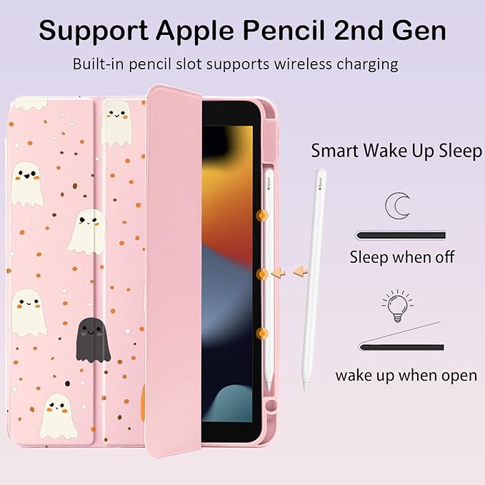 Cute Kawaii Halloween Ghost for iPad Air 11 Inch Case 7th/6th Generation (M3/M2) 2025/2024 with Pencil Holder Auto Sleep/Wake Pink Leather Clear Acrylic Back Cover