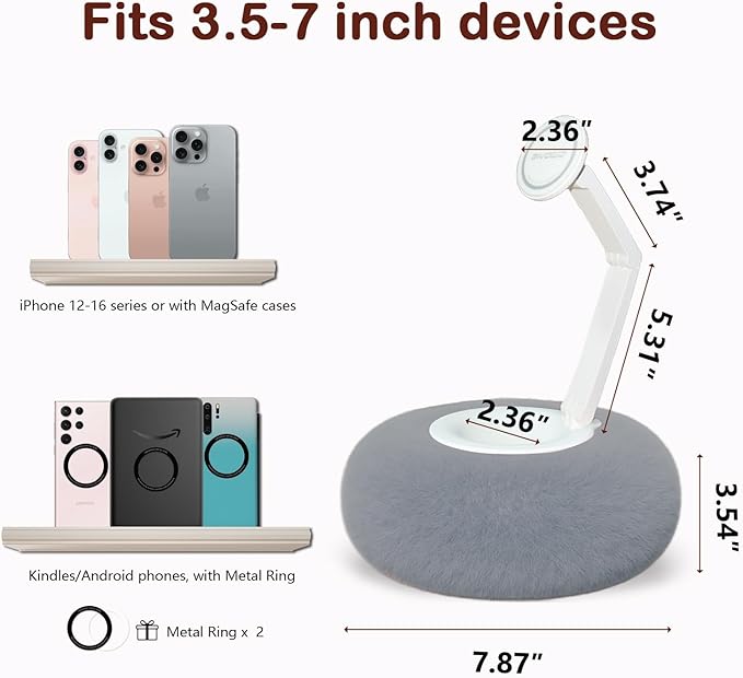 Upgraded Magnetic Kindle Holder for Bed Dual-Axis 360° Adjustable Pillow Stand with Bowl &amp Suction Cup Base Compatible with 3.5–7 Kindle E-Reader iPhone &amp Android PhonesGray