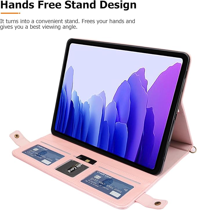 Dteck Galaxy Tab S10/S9/S8 Case Business PU Leather Folio Stand with S Pen Holder Card Slots Shoulder Hand Strap Wallet Rosegold