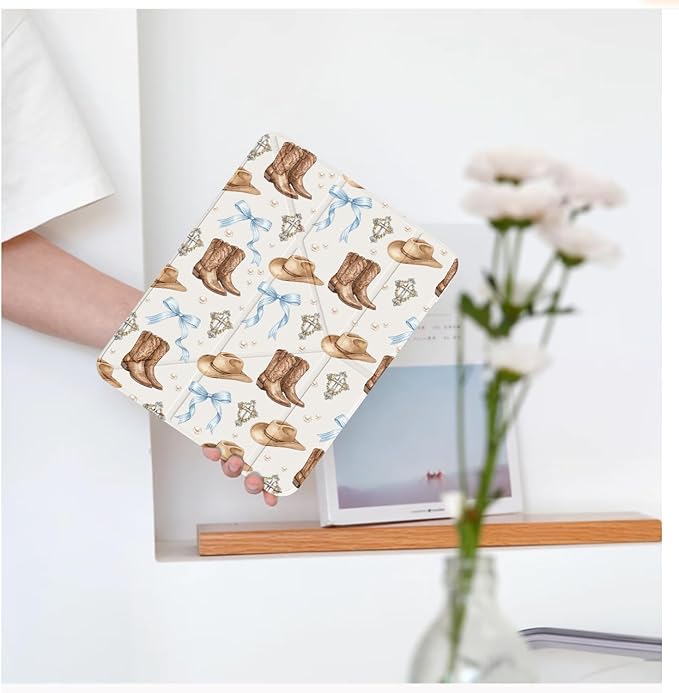 Cute Western Cowboy Bow for iPad Air5/Air4 Case with Pencil Holder Auto Sleep/Wake White Leather Acrylic Back Detachable Cover for iPad 10.9 Inch 2022/2020