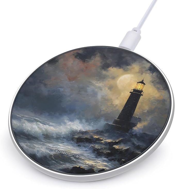 Night Lighthouse Waves Moon Fast Portable Charger 10W Funny Graphic Phone Charging Pad with USB Cable