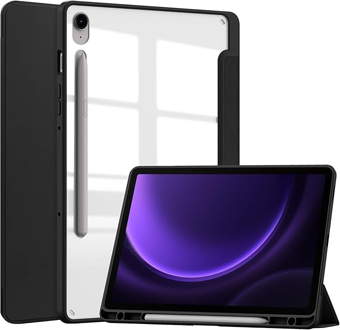 for Samsung Galaxy Tab S10 Lite/ S10 FE/ S9 FE 10.9 Inch Tri-Fold Smart Tablet Case with Pen Holder Shockproof Protective Cover W Transparent Back Shell Auto Wake/SleepBlack