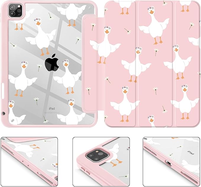 May Chen for iPad Pro 11 inch M2 4th Generation 2022 iPad Pro 11 3rd/2nd/1st Gen Built-in Pencil Holder with Shockproof Cover Clear Transparent Back Shell Auto Wake/Sleep Goose Flower