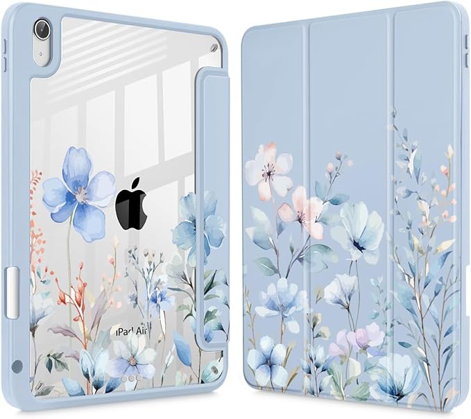 May Chen for iPad Air 11-inch M4/M3/M2 (2026/2025/2024) iPad Air 5th/4th 10.9 Inch - Shockproof Cover with Clear Back Shell &amp Penceil Holder Auto Wake/Sleep Stand Cover Blue Flowers