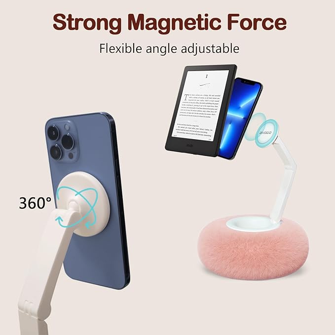 Upgraded Magnetic Kindle Holder for Bed Dual-Axis 360° Adjustable Pillow Stand with Bowl &amp Suction Cup Base Compatible with 3.5–7 Kindle E-Reader iPhone &amp Android Phones Pink