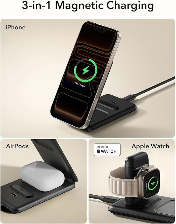 ESR 3 in 1 Charging Station for Apple Certified Apple Watch Charger 15W MagSafe Charger Stand for iPhone Travel Charger for iPhone 17/16/15/14/13 Watch AirPodsBlack