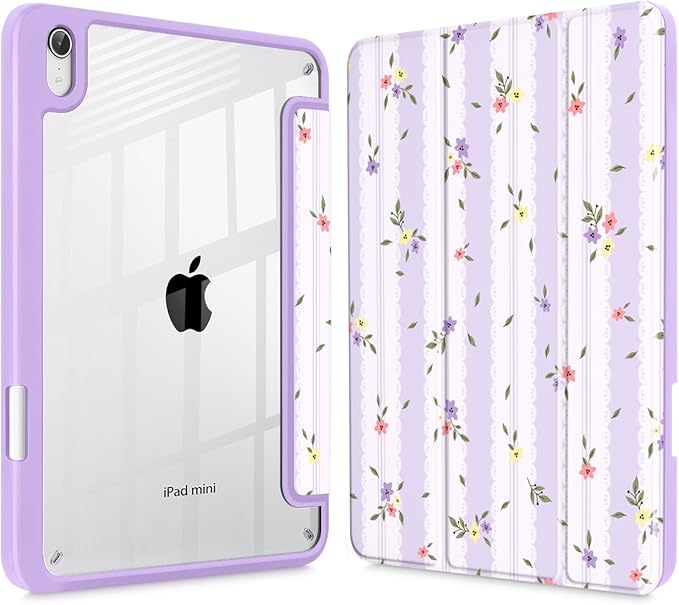 Mektron Printed Case for iPad mini 7 (A17 Pro) 2024/ Mini 6 2021 iPad mini 7th/6th Gen 8.3-inch Liquid Retina Display Cover Buit in Pencil Holder with Clear Back Shell Flowers &amp Adorable Lace