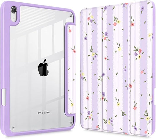 Mektron Printed Case for iPad mini 7 (A17 Pro) 2024/ Mini 6 2021 iPad mini 7th/6th Gen 8.3-inch Liquid Retina Display Cover Buit in Pencil Holder with Clear Back Shell Flowers &amp Adorable Lace