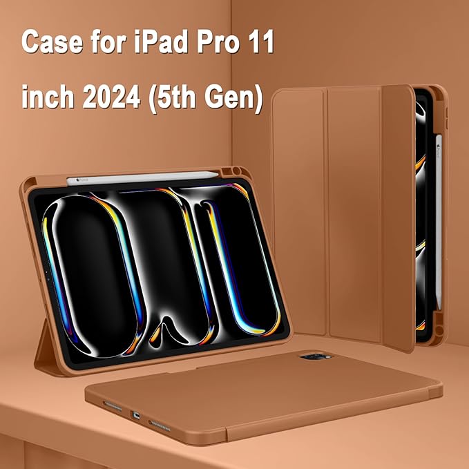 ZryXal iPad Pro 11 Inch Case (M5) 2025/ (M4) 2024 (Model: A2836/A2837/A3006) Trifold Stand Smart Cover with Pencil Holder and Soft TPU Back Auto Wake/Sleep (New Brown)