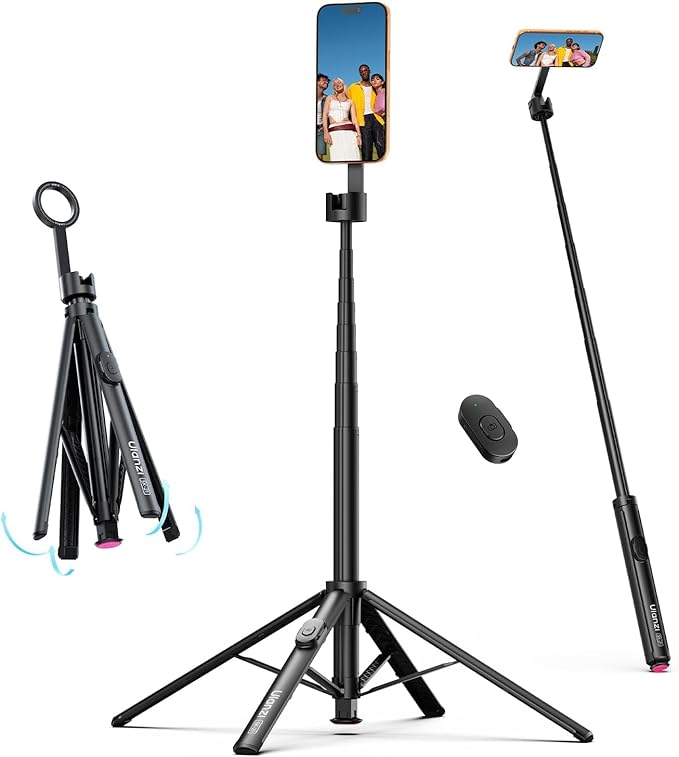 ULANZI Magnetic Phone Tripod-71'' Auto Open Selfie Stick Features Lift to Fold Extendable Selfie Stick w Remote Cell Phone Tripod Stand for Live Recording Vlog for iPhone 17 16 15 14 Series Black