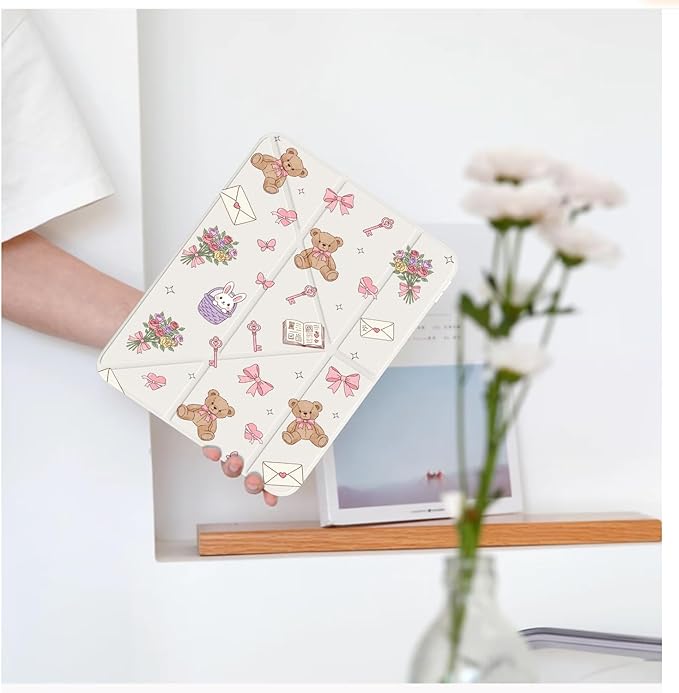 Cute Kawaii Bear Bow for iPad Pro 11 Inch Case 4th/3rd/2nd Generation 2022/2021/2020 with Pencil Holder Auto Sleep/Wake White Leather Acrylic Back Detachable Cover
