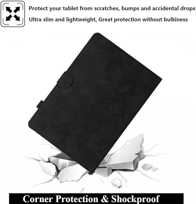 Case for Amazon Kindle Fire HD 8 &amp Fire HD 8 Plus (12th/10th Gen 2024/2022/2020) 8 with Stand/Pencil Holder [Auto Sleep/Wake] UUcovers Embossed Magneic Smart Folio Cover Black Butterfly