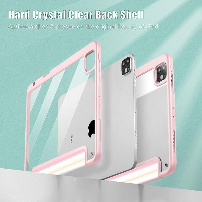 Mektron Case for iPad Pro 11 inch Case M2 2022 Generation 4th Fit 2021 2020 2018 iPad Pro 11 (3rd 2nd &amp 1st Gen) -Buit in Pencil Holder with Shockproof Cover Clear Shell Pink Striped