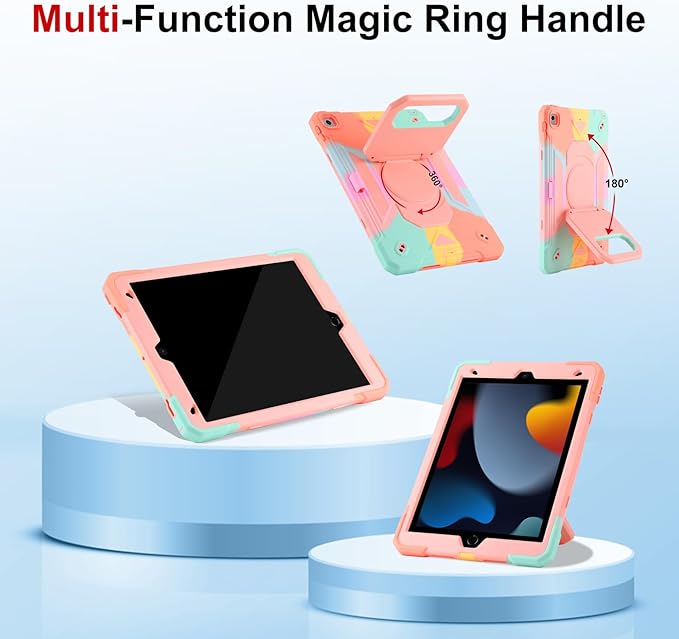 Case for iPad 9th Generation (2021) /iPad 8th Gen (2020)/iPad 7th Gen (2019) Military Grade Shockproof iPad Case Built-in 360°Rotating Stand/Pen Slot/Shoulder Strap for iPad 10.2 (Rainbow Pink)