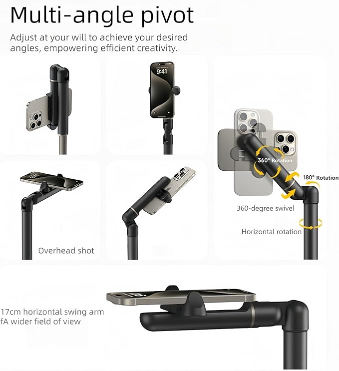 【25inch/63cm Aluminum Overhead Phone Mount360° Angle Adjustable Cellphone Stand Holder 4-6.9 Table Top YouTube Streaming Content Creator Video Recording. YE-S