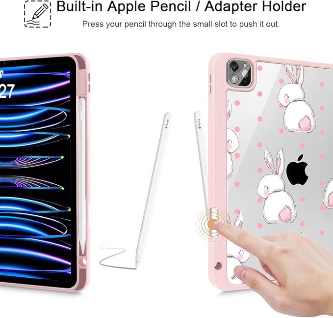 May Chen for iPad Pro 11 inch M2 4th Generation 2022 iPad Pro 11 3rd/2nd/1st Gen Built-in Pencil Holder with Shockproof Cover Clear Transparent Back Shell Auto Wake/Sleep Cute Rabbit