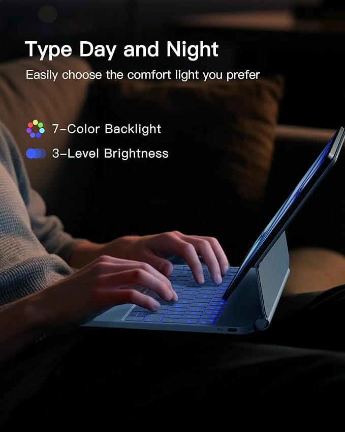 Inateck Magnetic Keyboard Case for Air 11 inch (M4 2026/2025 M3/2024 M2) Easy-Set for Air 6/5/4 Gen iPad Pro 11 inch 4/3/2/1 Gen Floating Cantilever Stand 7-Color Backlight with Trackpad Blue
