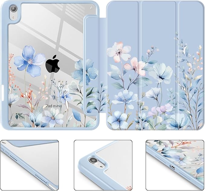 May Chen Slim Case for iPad mini 7 (A17 Pro 7th Generation) 2024 / iPad mini 6 (6th Gen) 8.3 Inch [Built-in Pencil Holder] Shockproof Cover Clear Clear Back Shell Auto Wake/Sleep Wild Flowers