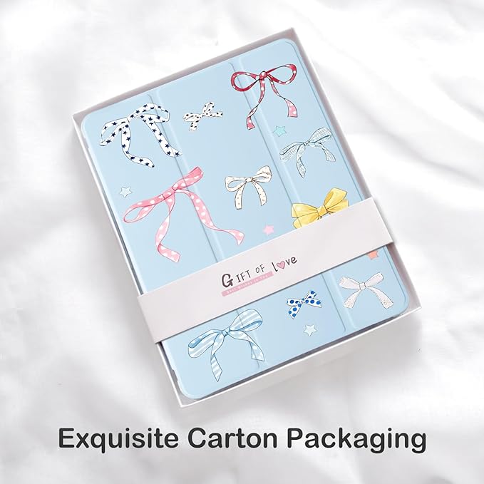 Cute Kawaii Ribbon Bow for iPad Pro 11 Inch Case (M5/M4) 2025/2024 with Pencil Holder Auto Sleep/Wake Blue Leather Soft TPU Back Cover