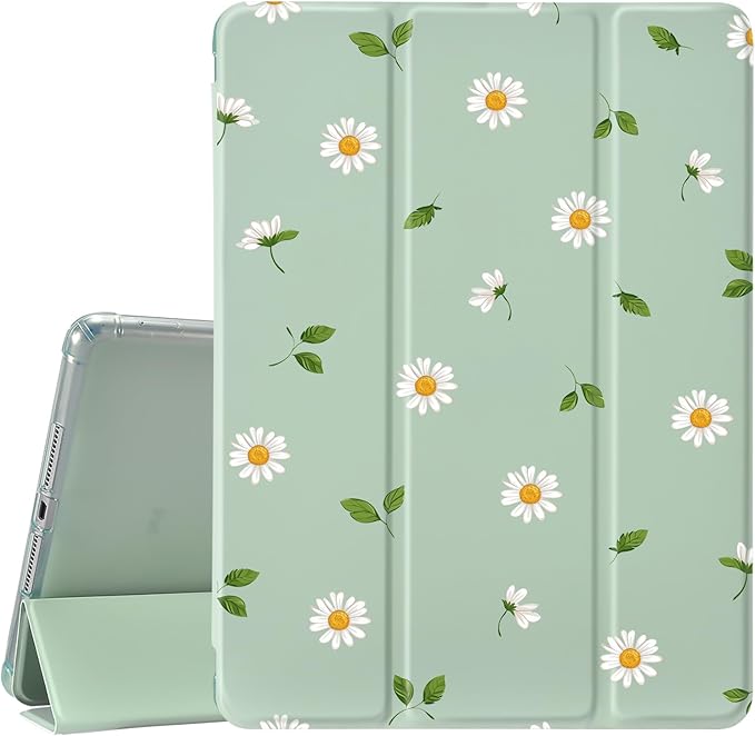 JOYLAND Cute Daisy for iPad 7th/8th/9th Generation Case (2019/2020/2021) 10.2 inchwith Pencil Holder-Premium Shockproof Case with Soft TPU Back Cover &amp Auto Sleep/WakeGreen Shell