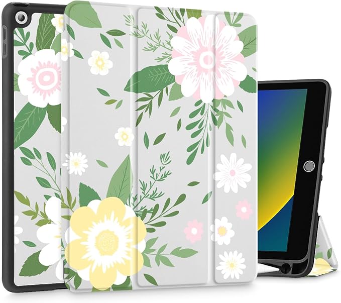 Tuiklol Case for iPad 10.2 Inch 2021 2020 2018 Release 9th / 8th / 7th Generation Built-in Pencil Holder TPU Protective Stand Back Cover Trifold Stand-Auto Wake/Sleep Flowers White