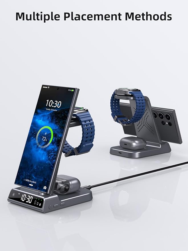 Wireless Charger Samsung Charging Station: 3 in 1 Android Charging Stand with Dimmable Clock - Nightstand Organizer for Galaxy S25 Ultra S24 Galaxy Watch 8 7 6 5 4 Galaxy Buds Space-Saving Charger