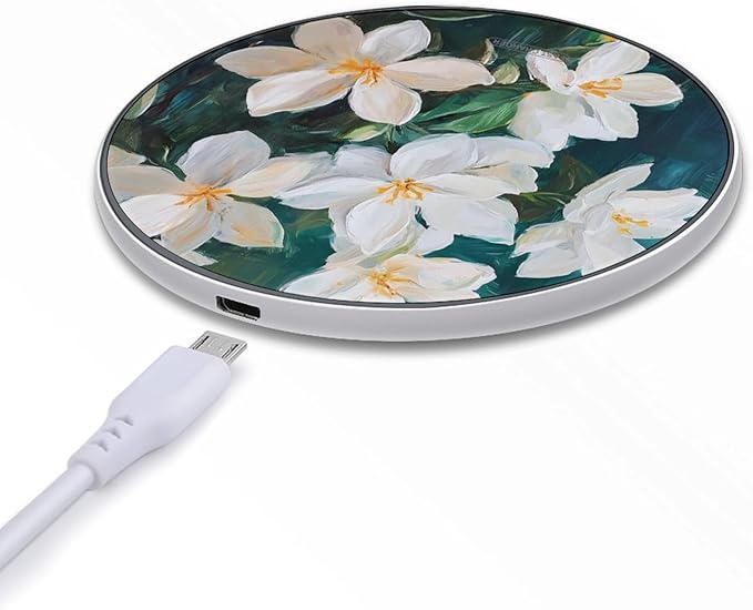 White Jasmine Flowers Phone Charger Magnetic Charging Pad Anti-Slip with USB Cable