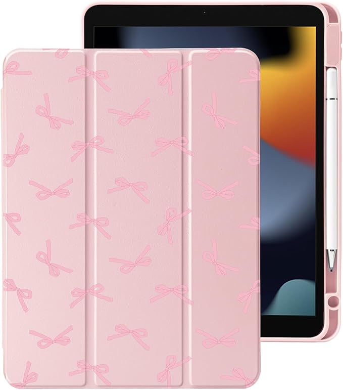 Cute Kawaii Pink Bow for iPad Pro 13 Inch Case (M5/M4) 2025/2024 with Pencil Holder Auto Sleep/Wake Pink Leather Clear Acrylic Back Cover
