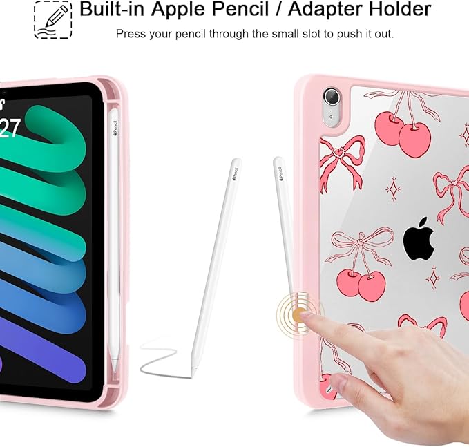 May Chen Slim Case for iPad mini 7 (A17 Pro 7th Generation) 2024 / iPad mini 6 (6th Gen) 8.3 Inch [Built-in Pencil Holder] Shockproof Cover Clear Clear Back Shell Auto Wake/Sleep Girly Cherry &amp