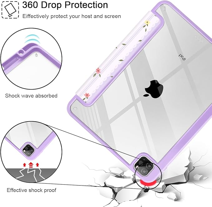 Mektron Case for iPad Pro 11 inch Case M2 2022 Generation 4th Fit 2021 2020 2018 iPad Pro 11 (3rd 2nd &amp 1st Gen) -Buit in Pencil Holder with Shockproof Cover Clear Shell Flowers &amp Adorable