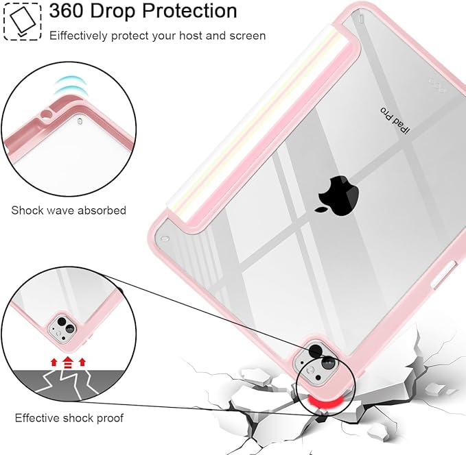Mektron Case for M5/ M4 iPad Pro 11 inch 2025/2024 with Pencil Holder Compatible Models: A3357/A3358/A3359/A2836/A2837/A3006 Shockproof Cover Clear Shell Pink Striped