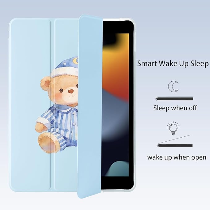 Cute Kawaii Bear for iPad 5th/6th Generation Case with Pencil Holder Auto Sleep/Wake Blue Leather Soft TPU Back Cover for iPad 9.7 Inch